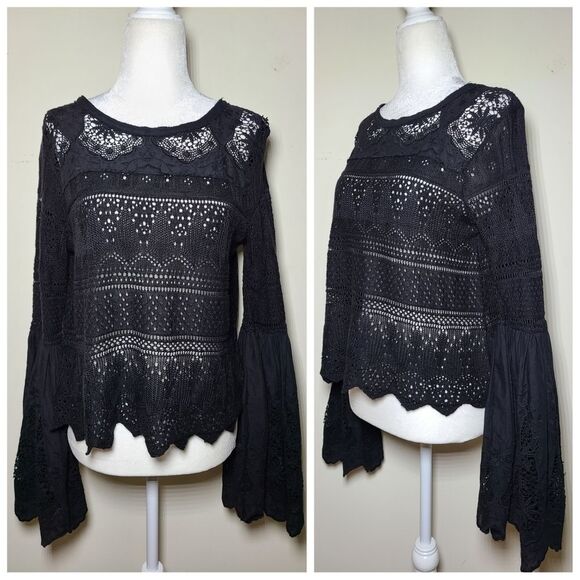 Free People|Once Upon-A-Time Black Bell Sleeve Lace Top, XS - Picture 5 of 10